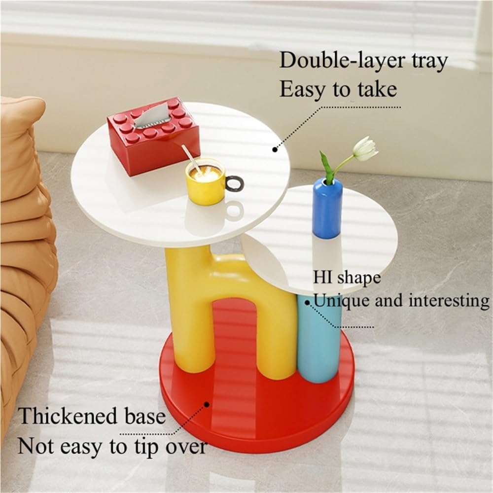 Round End Table with Double-Layer Tabletop, Cute HI-Shape Side Table, Colorfu...