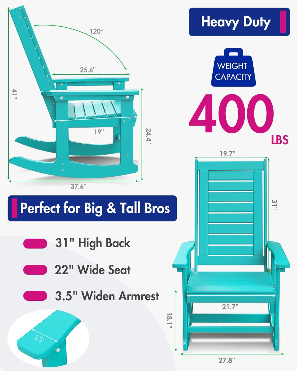 BRIOPAWS Outdoor Rocking Chairs Set of 2 | HDPE Plastic | Porch Rockers | Aqu...