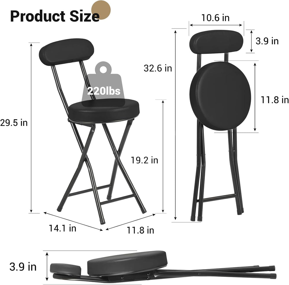 Cushioned Padded Folding Stools, Folding Bar Stool with Backrest, 220lb Capac...