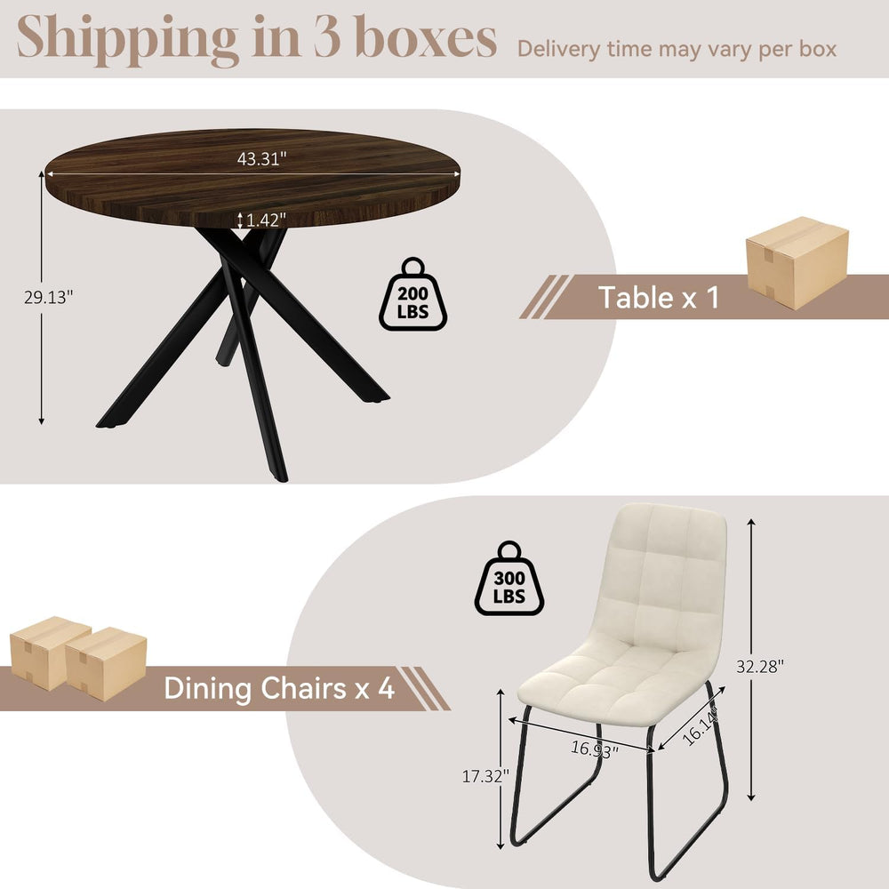 44" Round Dining Table Set for 4, Modern X-Shaped Metal Leg Table | Cush...