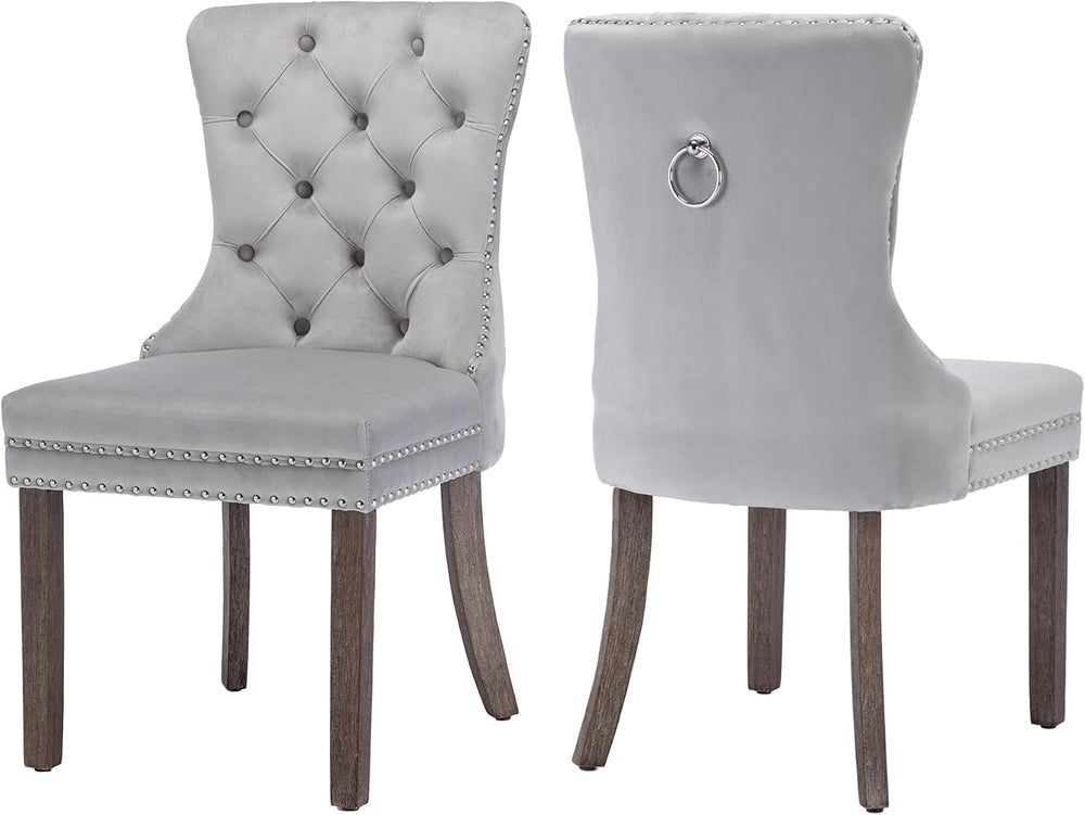 Velvet Dining Room Chairs Set of 2, Button Tufted, Wood Legs, Light Gray