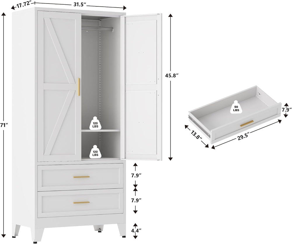 QINPTWUT 71" Tall Metal Wardrobe with Doors, Hanging Rod & Adjustabl...