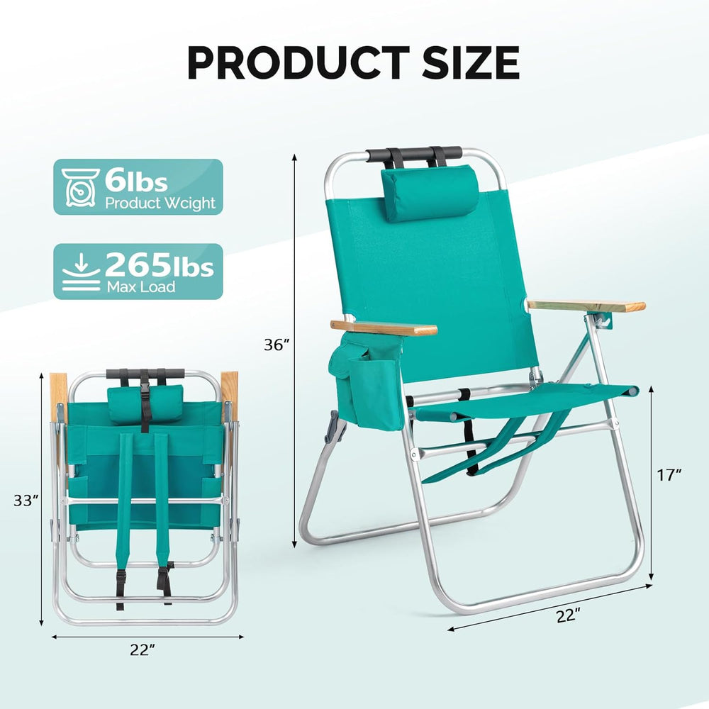 Bonnlo 17“ Lightweight High Backpack Beach Chair, 2 Pack Portable Tall Beach ...