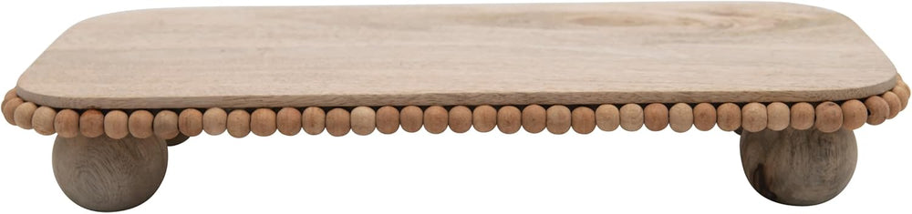Mango Wood Pedestal with Wood Beads; Modern Footed Serving Tray/Decorative Wo...