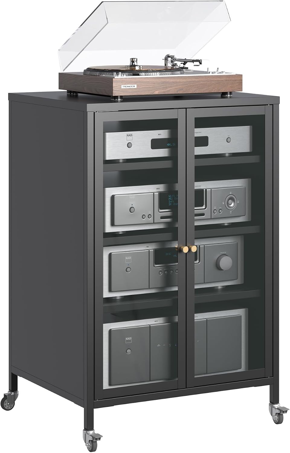 Stereo Cabinet, Metal Media Storage Cabinet with Glass Doors, Audio-Video Med...
