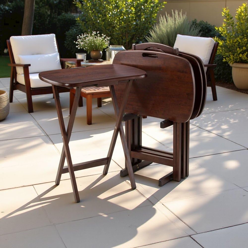 Furnifact Walnut Snack Table Set – Folding TV Trays with Stand for Dining, Wo...