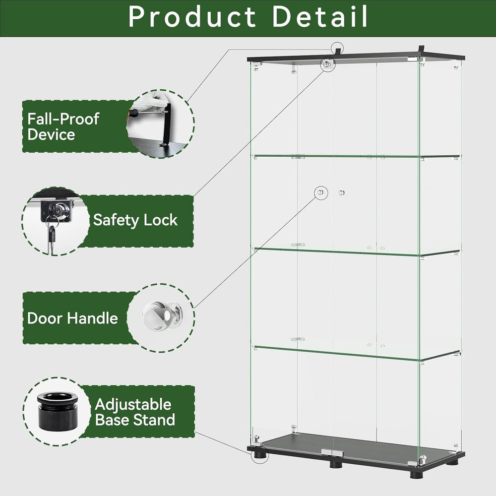 Glass Display Cabinet with 4-Shelf Double Door and Lock, 5mm Tempered Glass