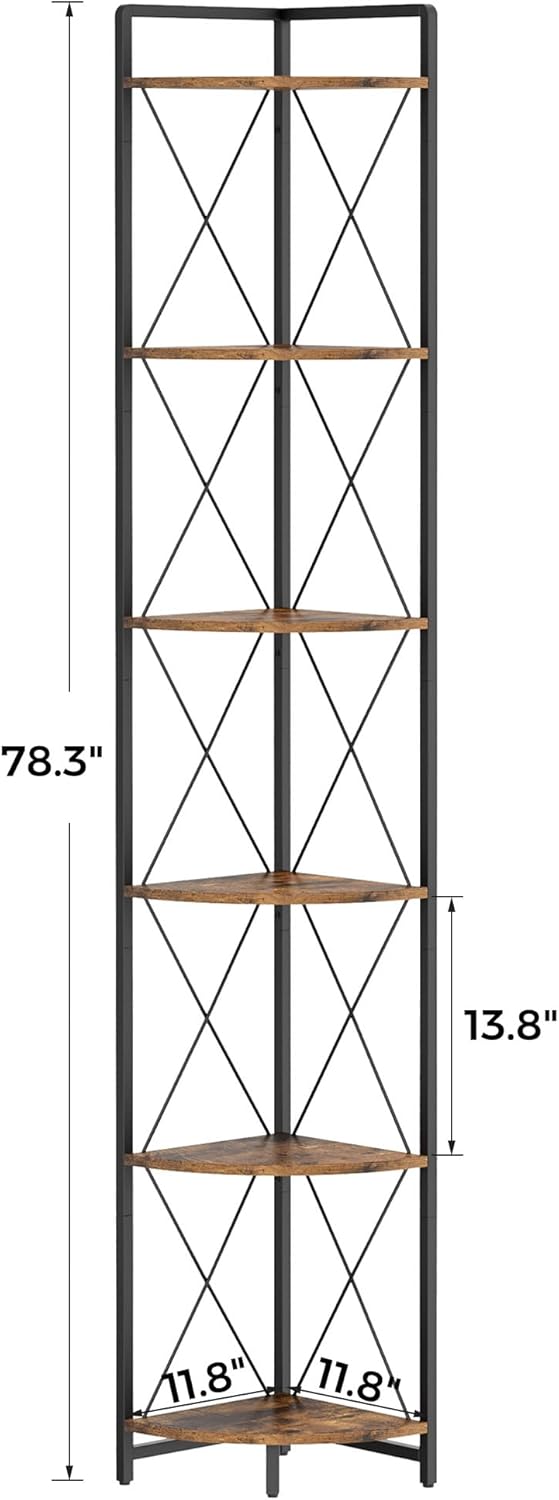 6 Tier Corner Shelf Stand, 78" H Tall Industrial Corner Bookshelf for Li...