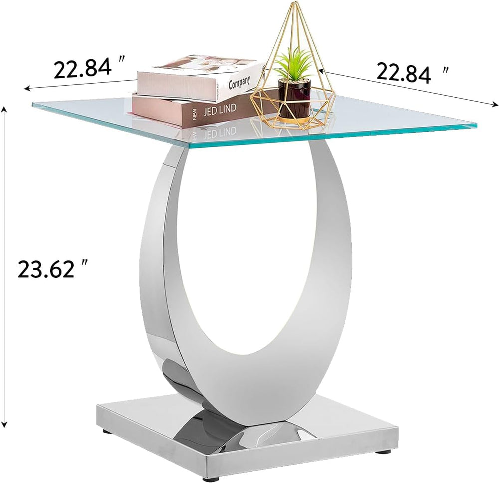 Modern Square End Table for Living Room, Tempered Glass Top & Moon Shape ...