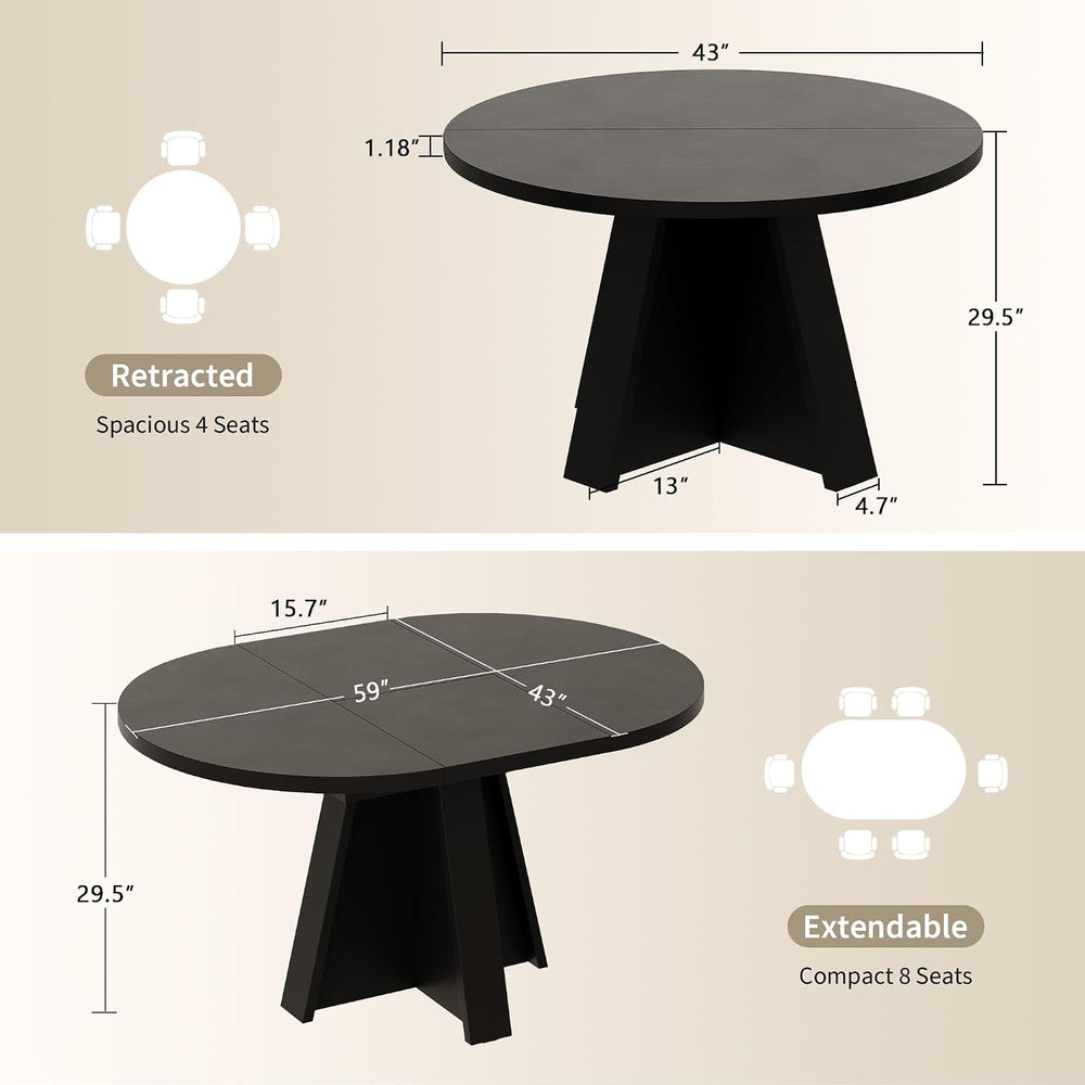 iPormis 43.3in-59in Extendable Round Dining Table for 4-6, Modern Wooden Kitc...
