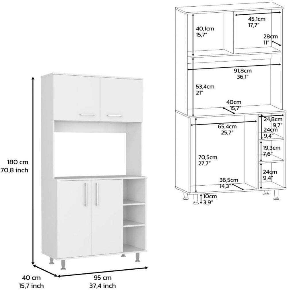Malta Kitchen Pantry Double Door Cabinet, 4 Legs, 3 Shelves, White