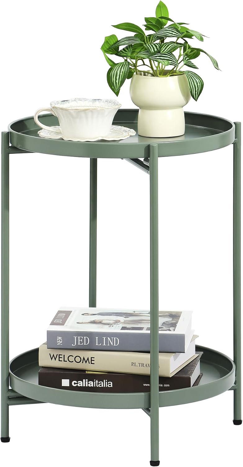 2-Tier Round End Side Table, Small Metal Side Table with Removable Tray, Fold...