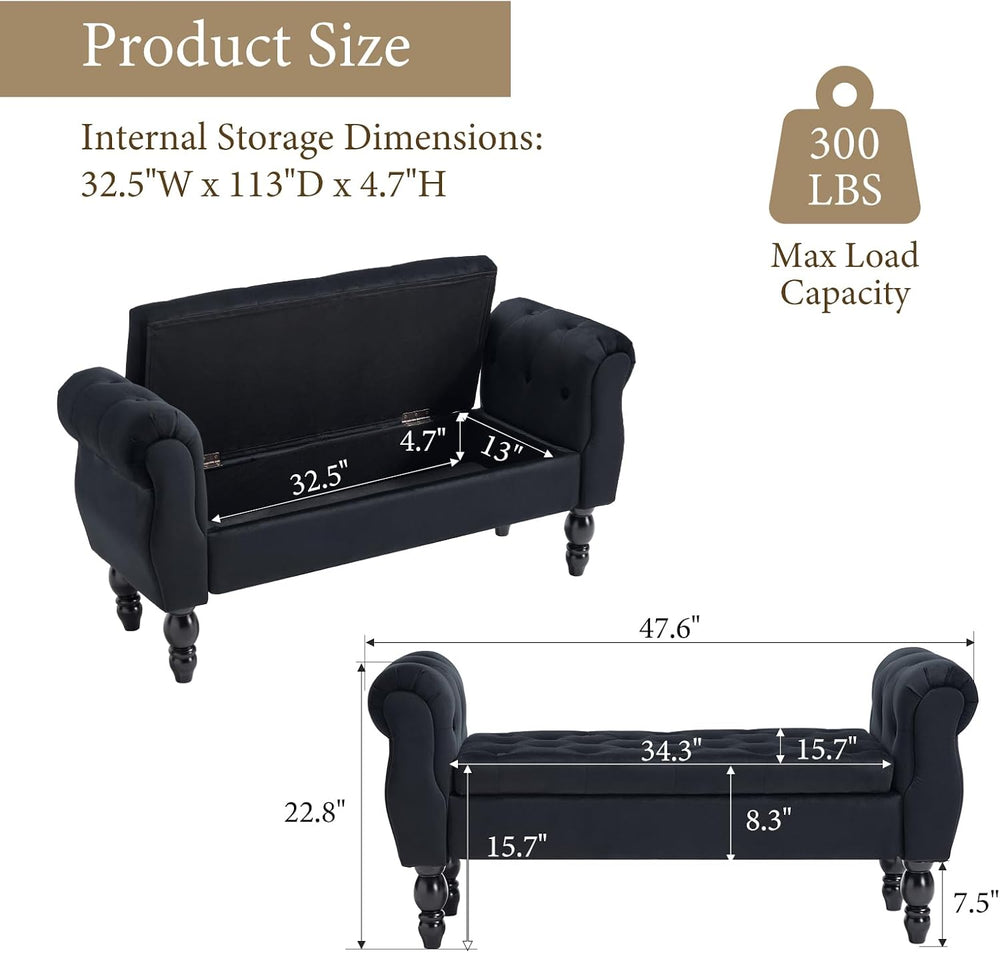 47″ Storage Bench with Arms End of Bed Bench,Velvet Entryway Bench with Stora...