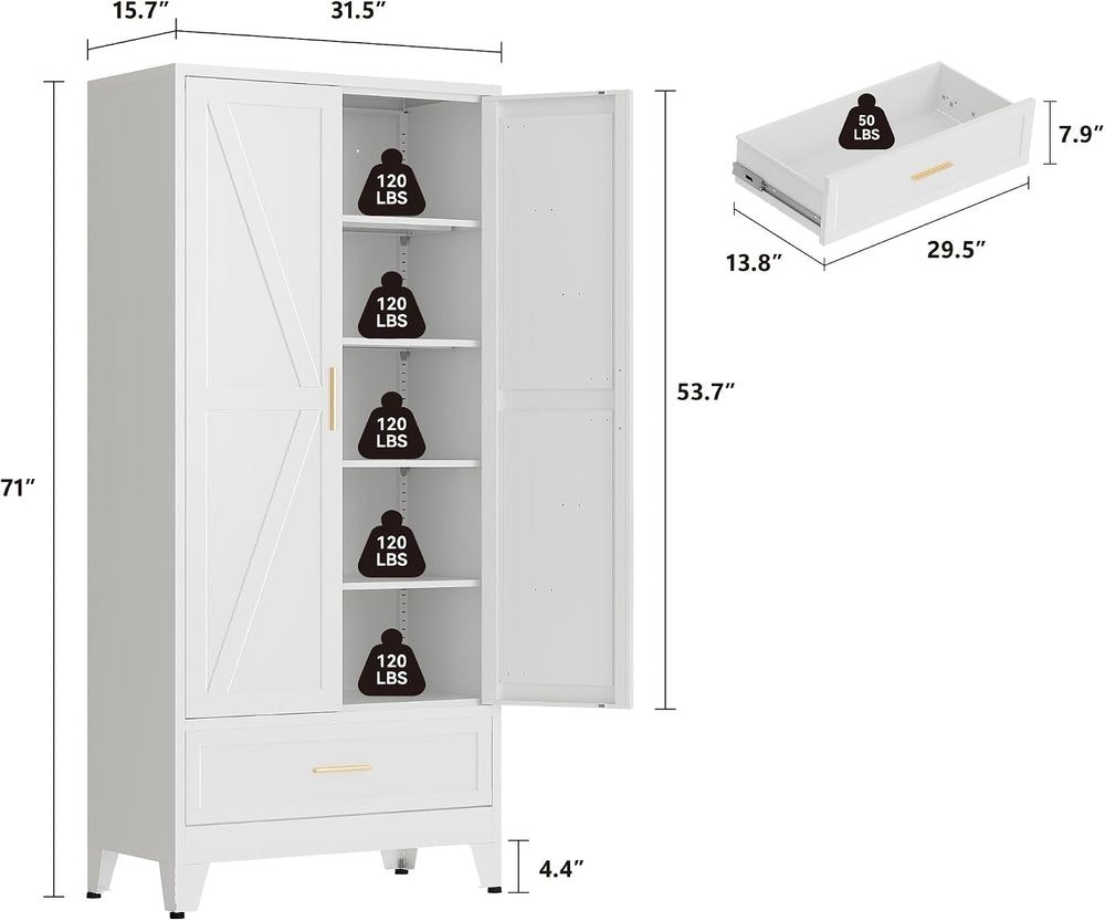 QINPTWUT 71" Storage Cabinet with Bottom Drawer, Pantry Cabinet in White...