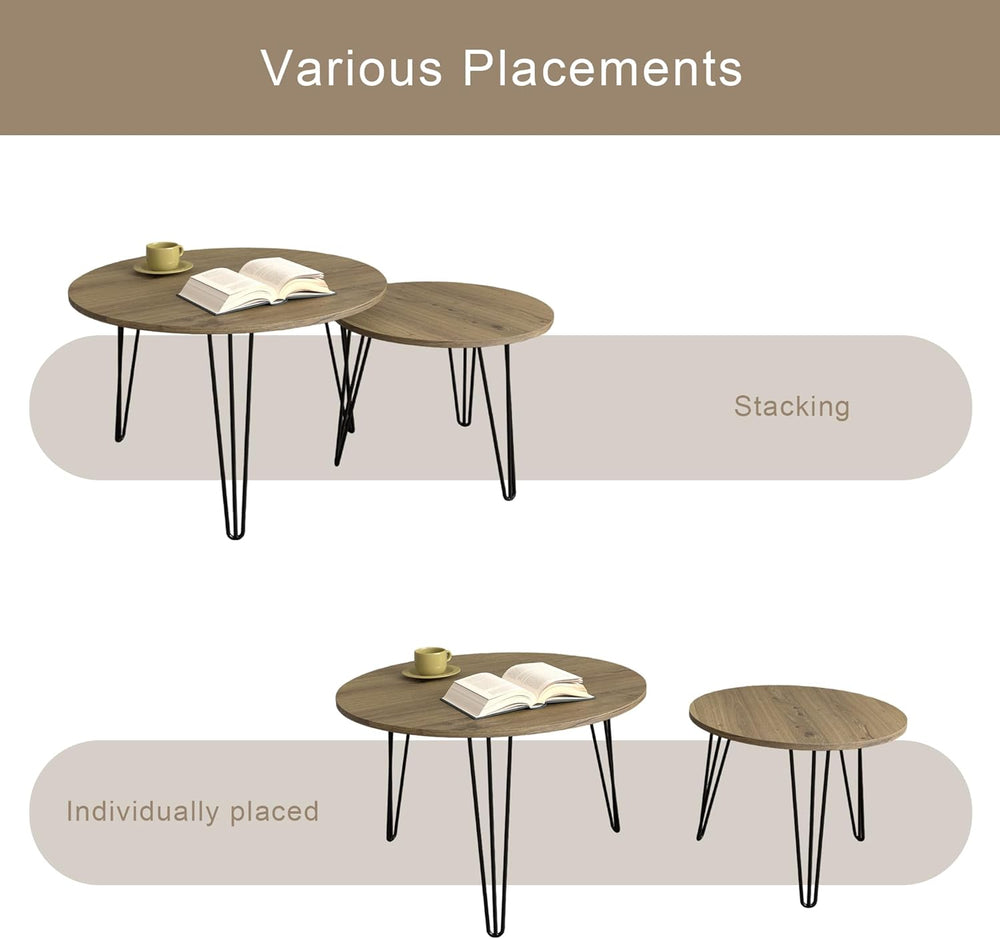 Small Round Nesting Coffee Table Set of 2 for Living Room, 27.56 inch Wood Mo...