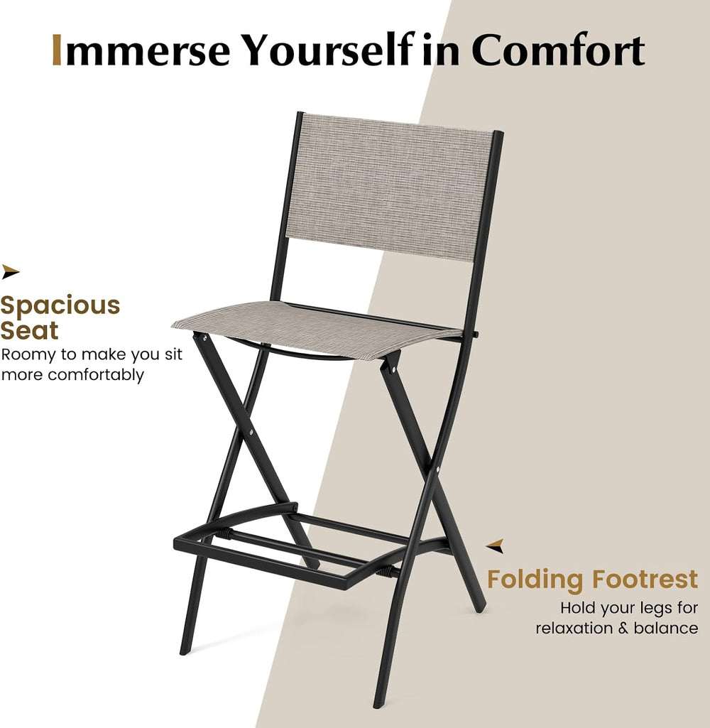 COSTWAY Outdoor Patio Folding Bar Chair Set of 2 with Metal Frame, Footrest