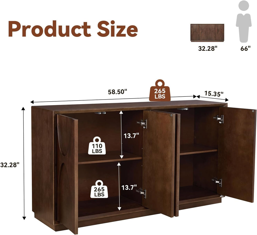 59" Sideboard Buffet Cabinet with Storage, Mid-Century Modern Sculpted D...