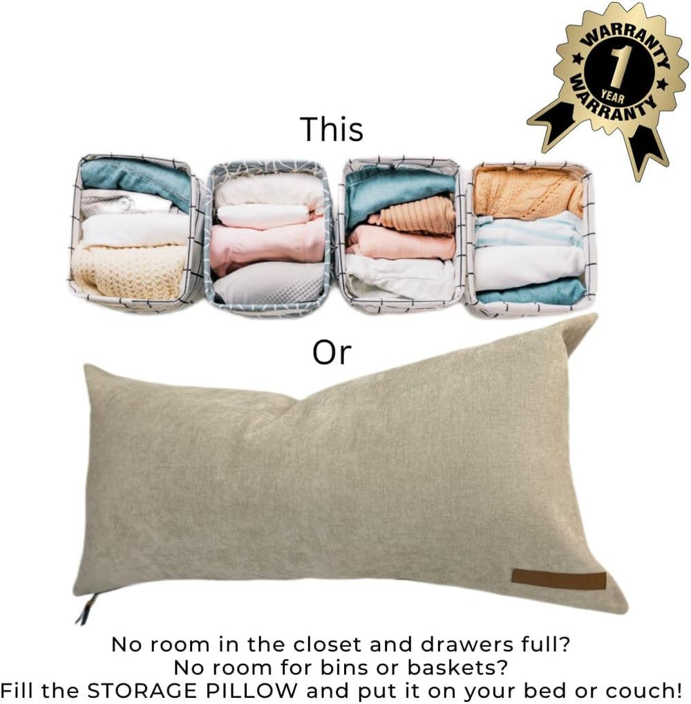 THE STORAGE PILLOW XL zippered storage Pillowcase FILL w Clothes Bedding Blan...