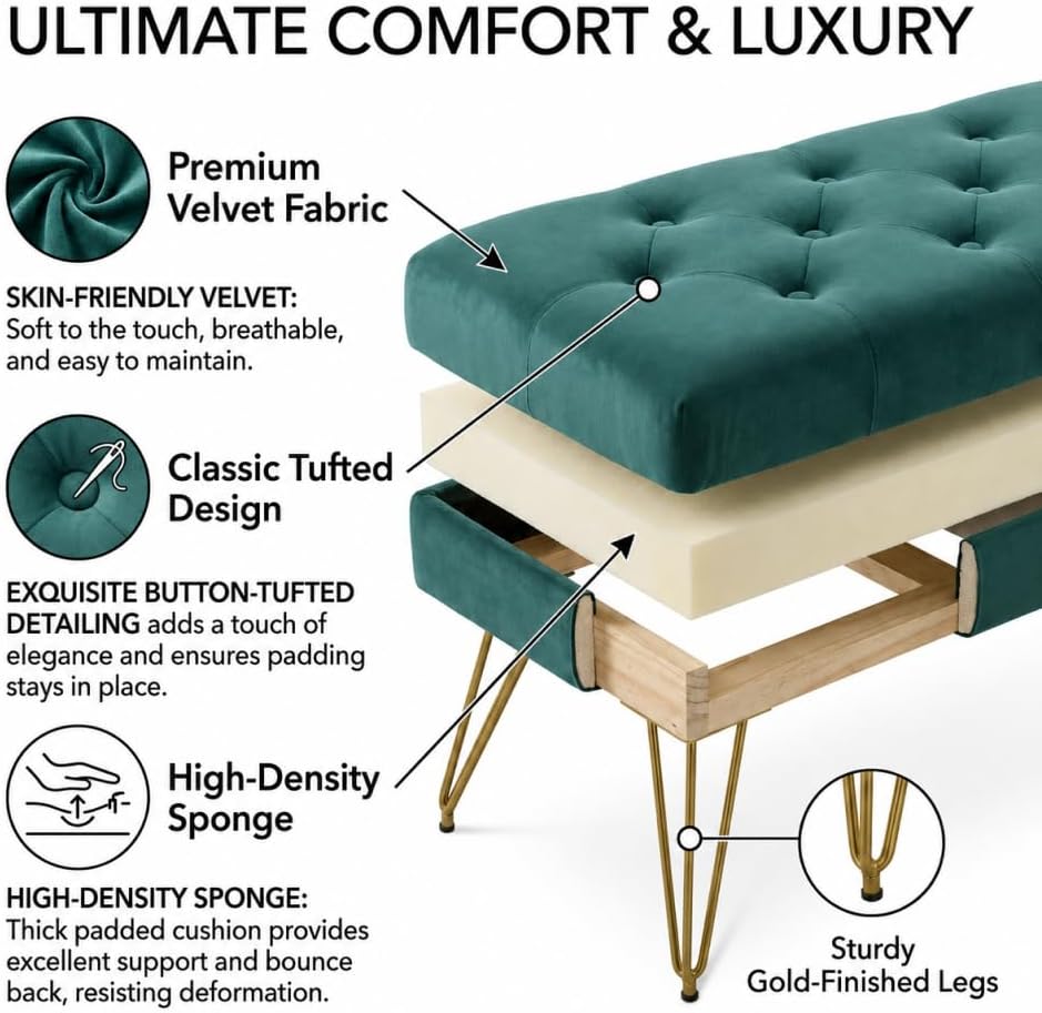 Velvet Button-Tufted Entryway Bench, 39.37" Modern Upholstered Bedroom B...