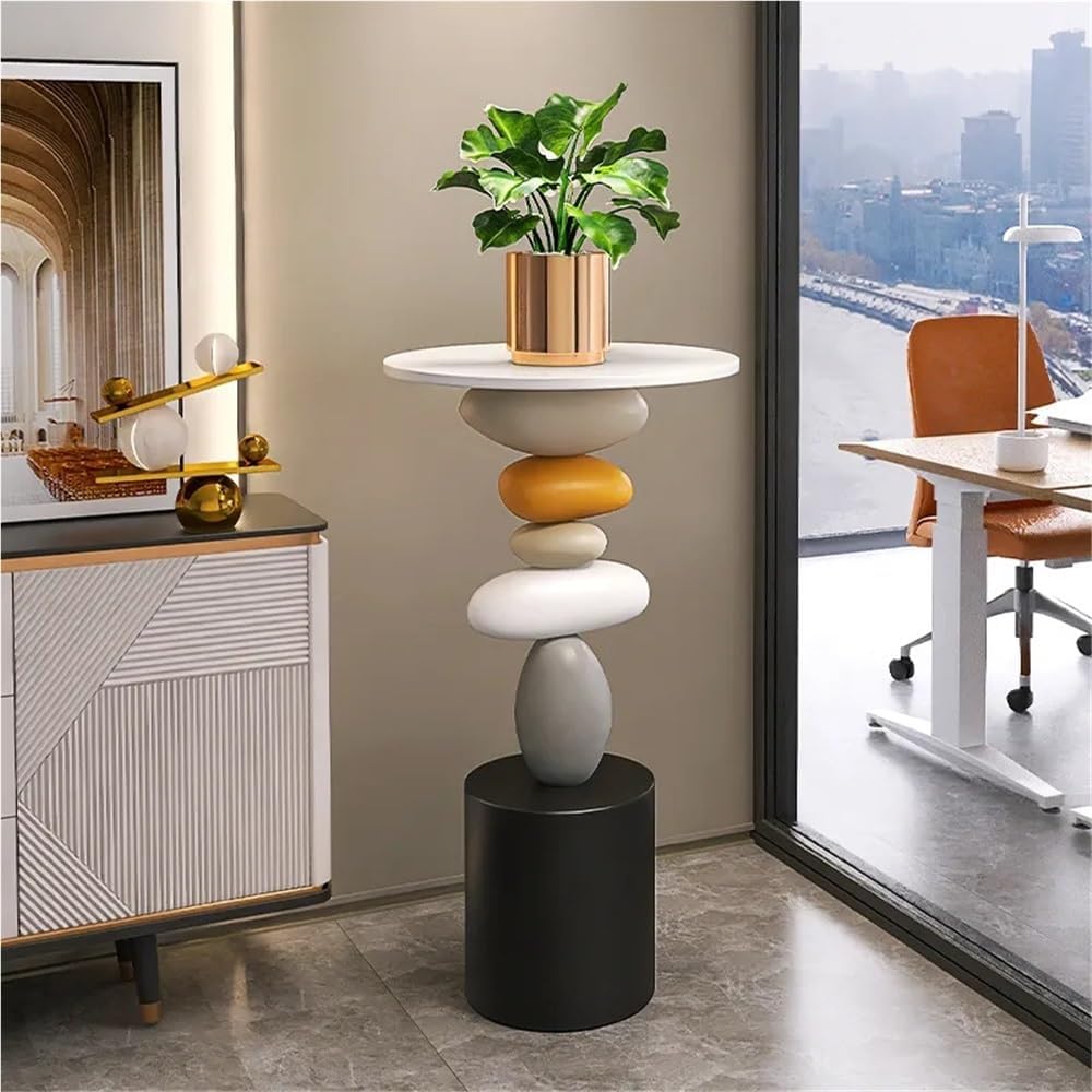 Stone-Shaped Side Table, Resin & Wood End Table, Sofa Side Table for Livi...