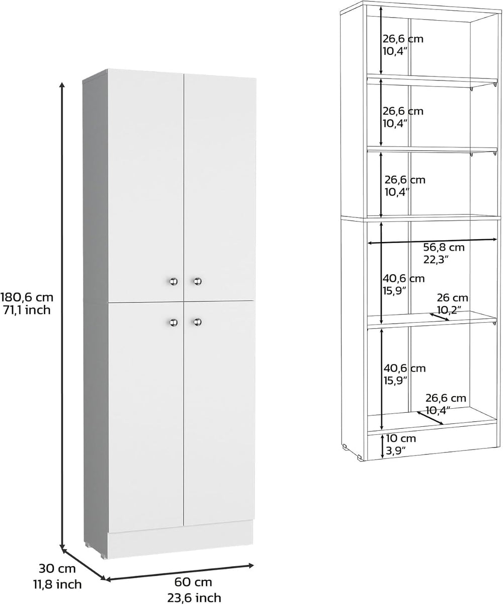 Kitchen Pantry 71" H, 4 Doors, 5 Adjustable Shelves, Laundry, White