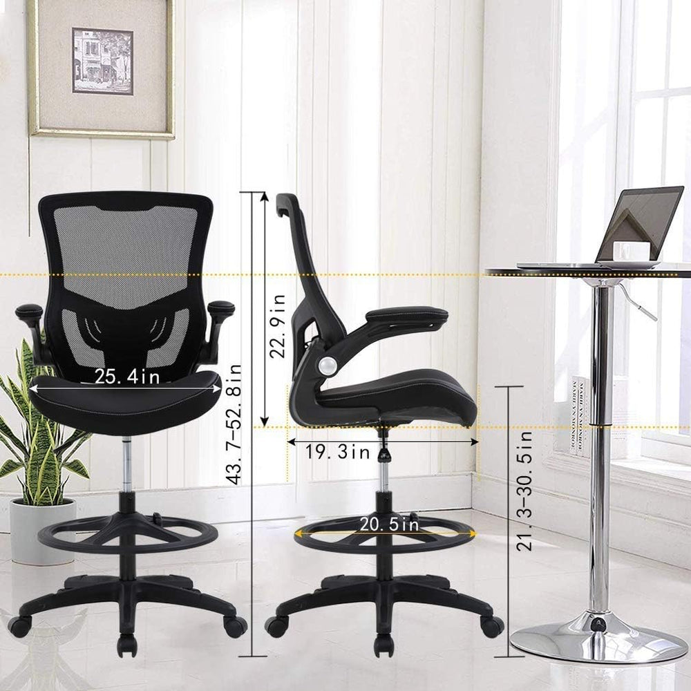 Drafting Chair Tall Office Chair with Lumbar Support Footrest Ring Flip Up Ar...