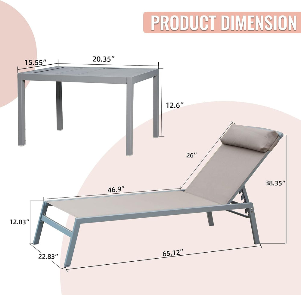 Domi Patio Chaise Lounge Set of 3, Aluminum Lounge Chairs with 5 Adjustable P...