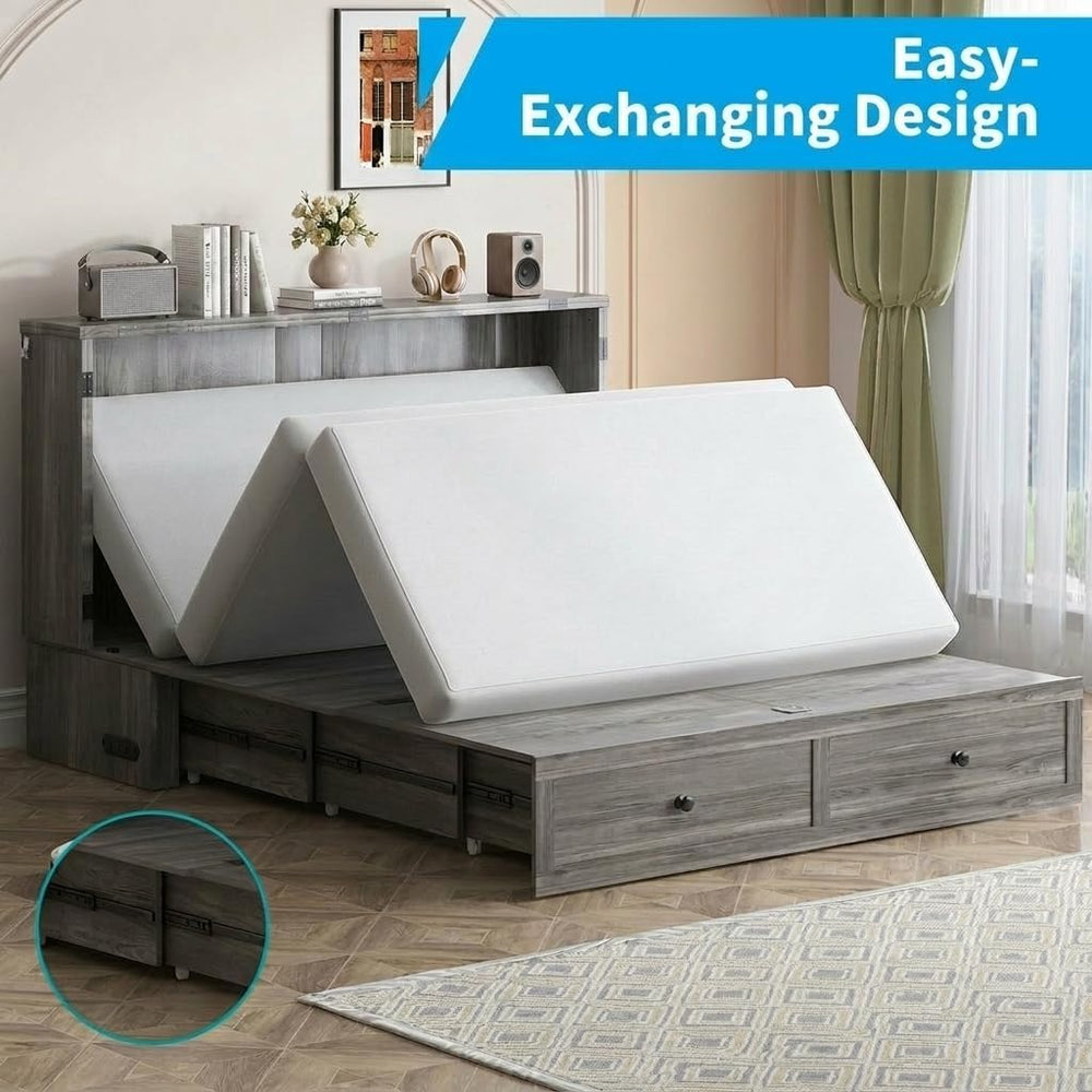 Mjkone Queen Size Murphy Bed with Tri-Folding Mattress, Farmhouse Murphy Cabi...