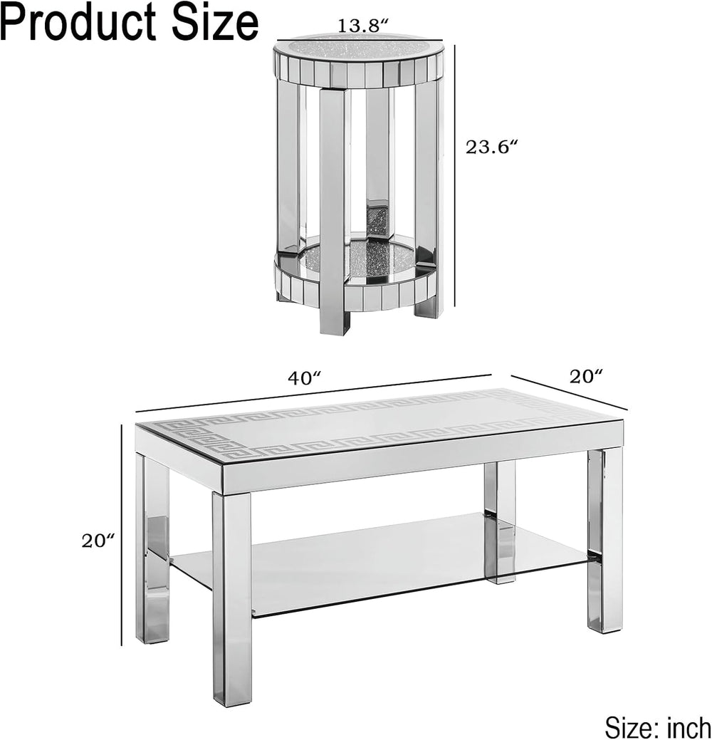 Silver Mirrored 3 Piece Living Room Table Set, Modern 2 Tier Rectangle Center...
