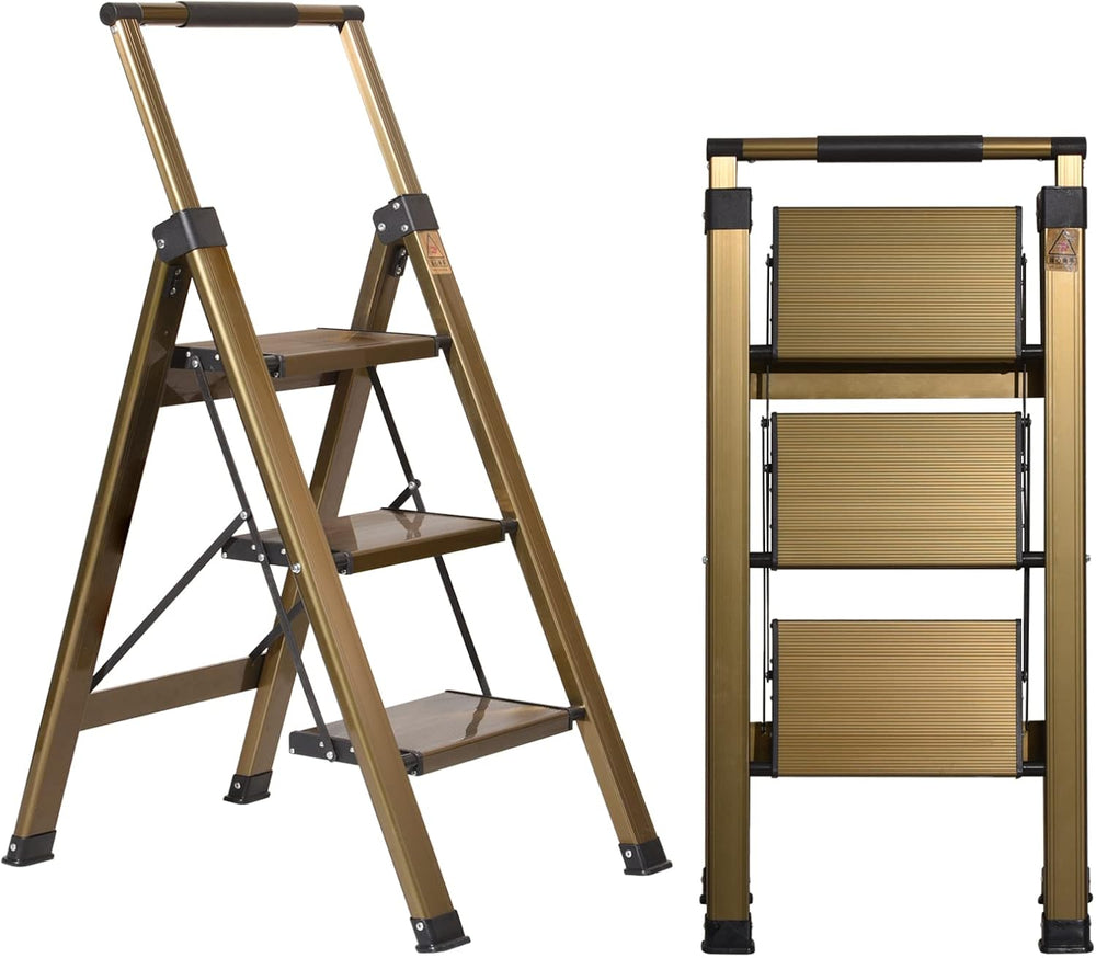 3 Step Ladder, Aluminum Step Stool with Retractable Handrail