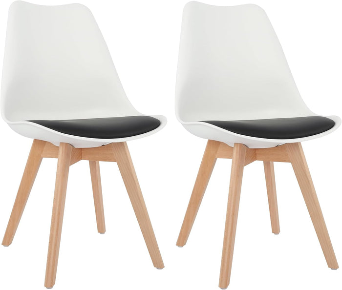 LSSBOUGHT Mid Century Modern Dining Chairs,Shell Lounge Plastic Side Chair with Soft Padded and Wooden Legs for Dining Room Living Room Bedroom Kitchen Set of 2 (White+Black)