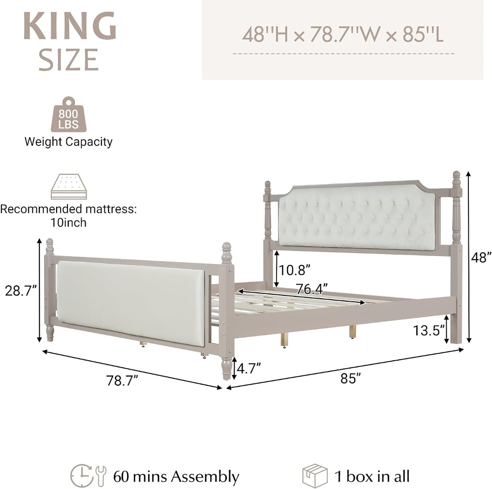 Peanu King Size Upholstered Platform Bed, Tufted Velvet Headboard, Solid Wood...