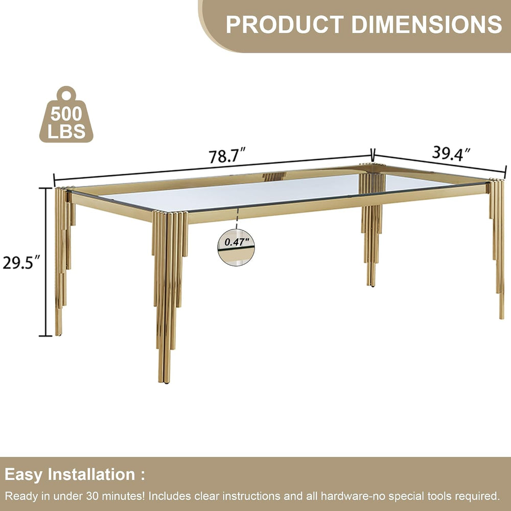 Rectangle Glass Dining Table, 81" Clear Tempered Glass Desktop with Gold...