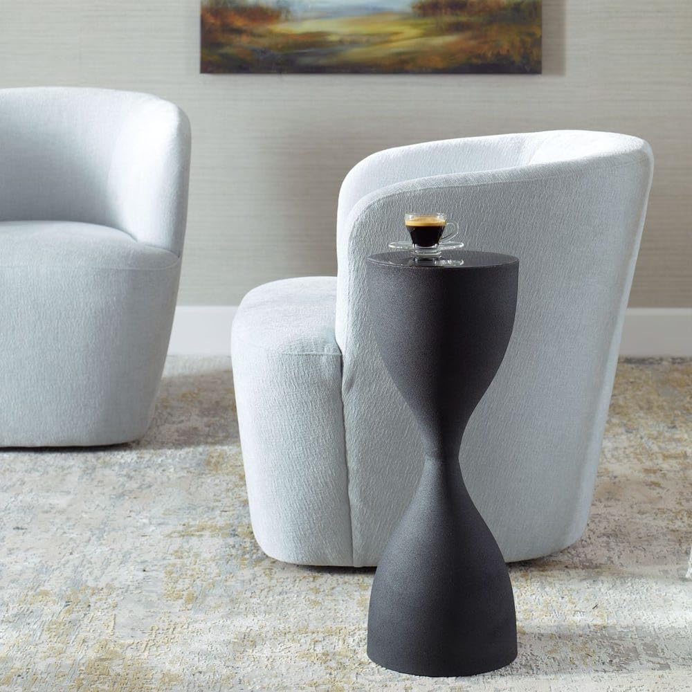 Hourglass Accent Table, Sandpaper Black Iron Base with High Gloss Black Top E...