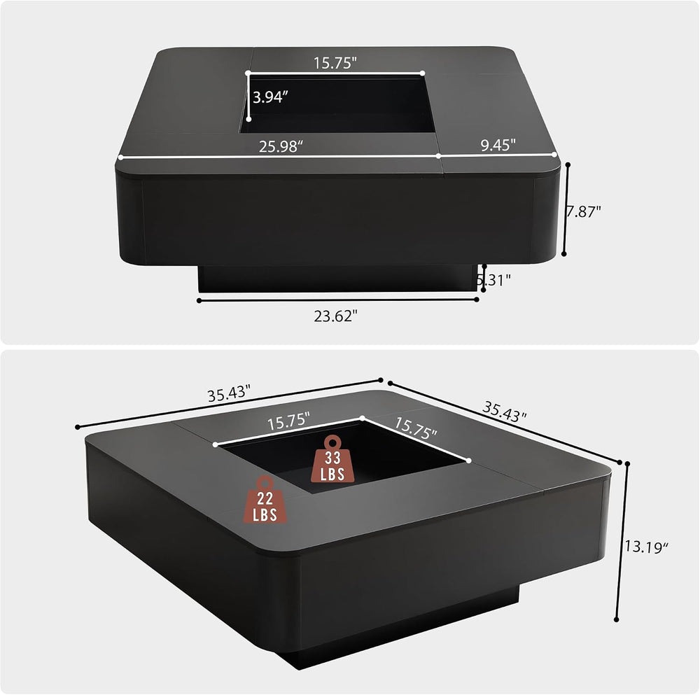 Square Coffee Table, 35.4" Modern Coffee Table with RGB LED Lights (Black)