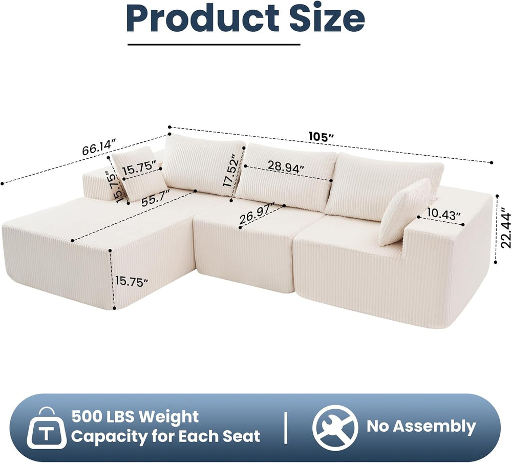 DUMOS 105" L-Shaped Sectional Couch, Left Facing Chaise | Upholstered Co...
