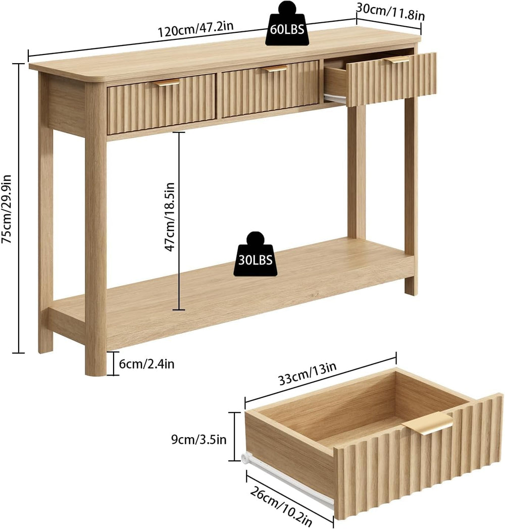 RUSTOWN Fluted Wood Console Table with 3 Drawers, 47.2" Boho Entryway Table