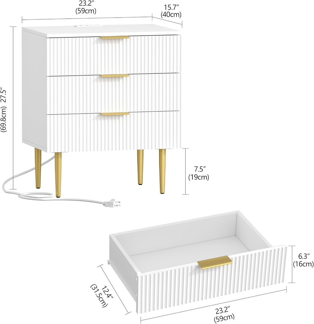 Akxomel Fluted Nightstand Side Table with Charging Station White Bedroom | 3 ...