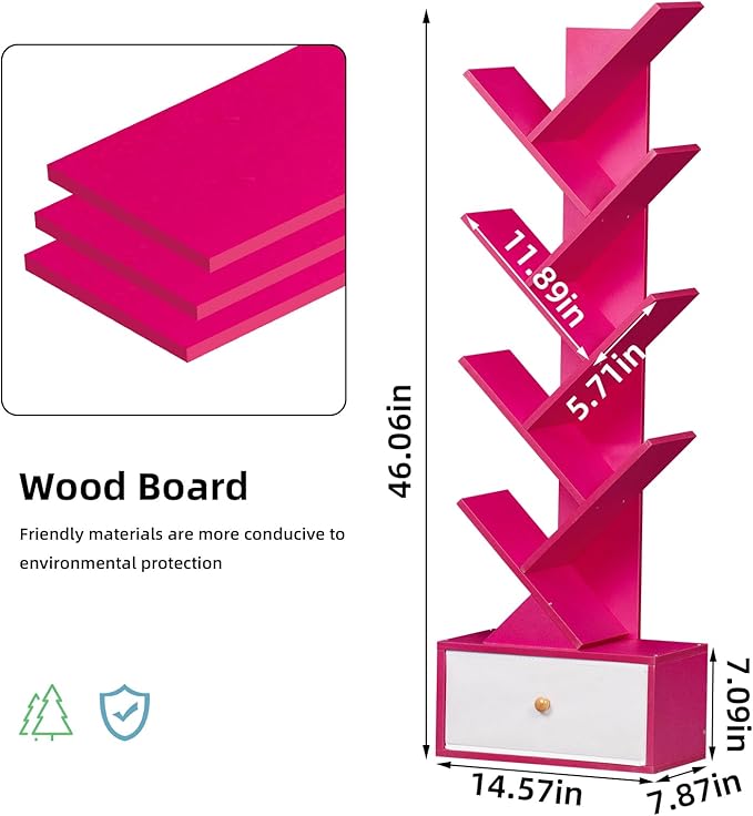 8 Tier Tree Bookshelf with Drawer, Free Standing Wood Bookcase for Narrow Spa...