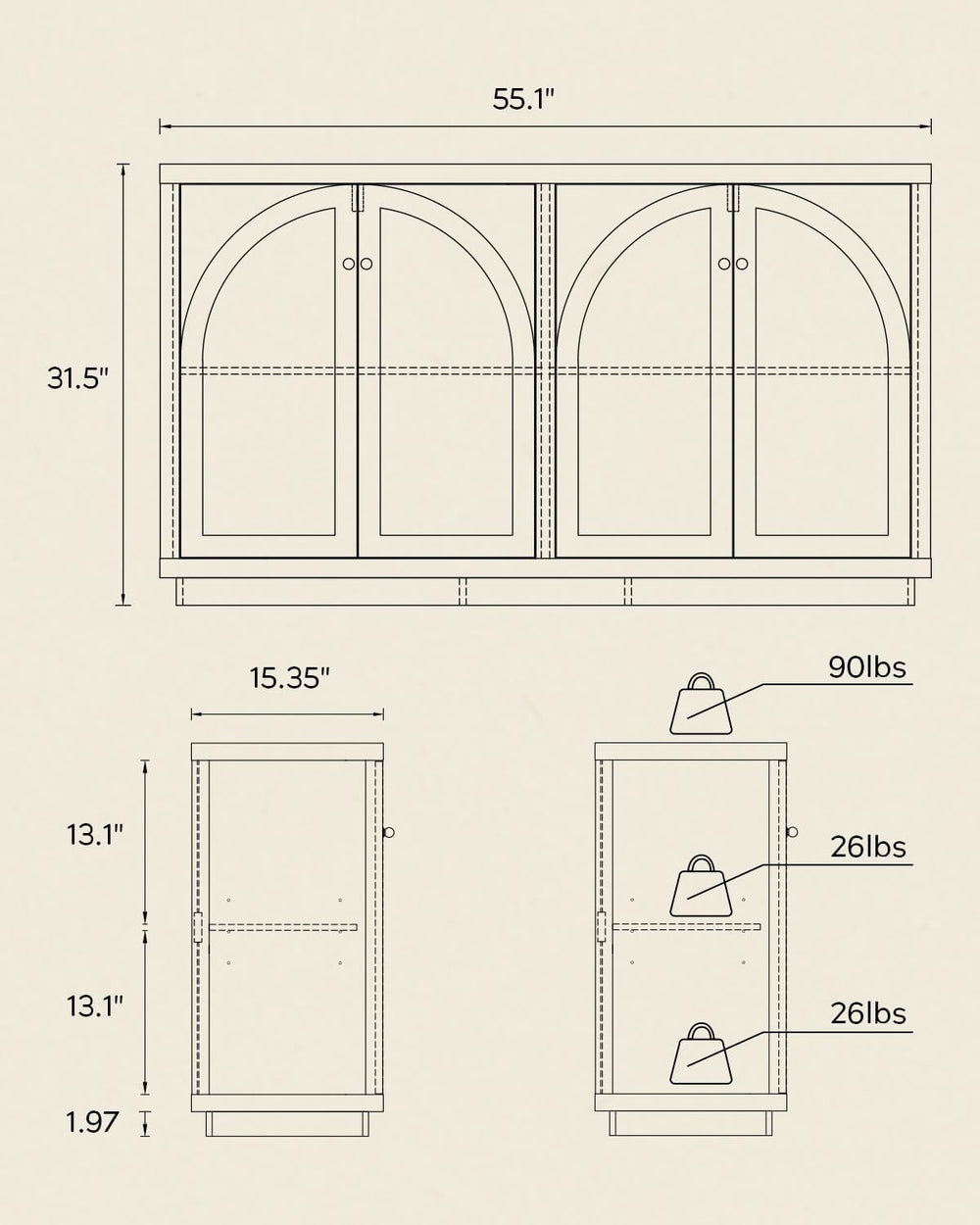 Arched Sideboard Buffet Cabinet with 4 Doors, Modern Accent Storage Cabinet w...