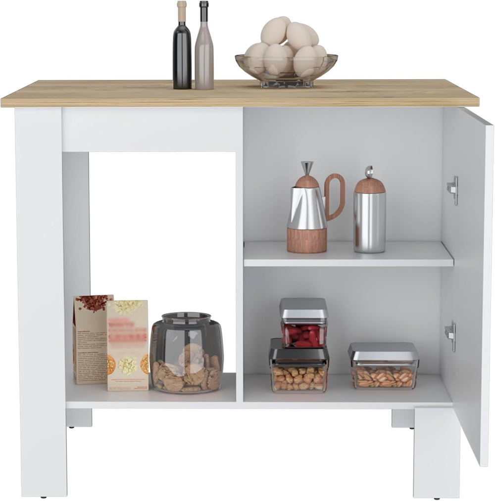Modern White and Macadamia Kitchen Island with Single Door Cabinet Storage Sh...