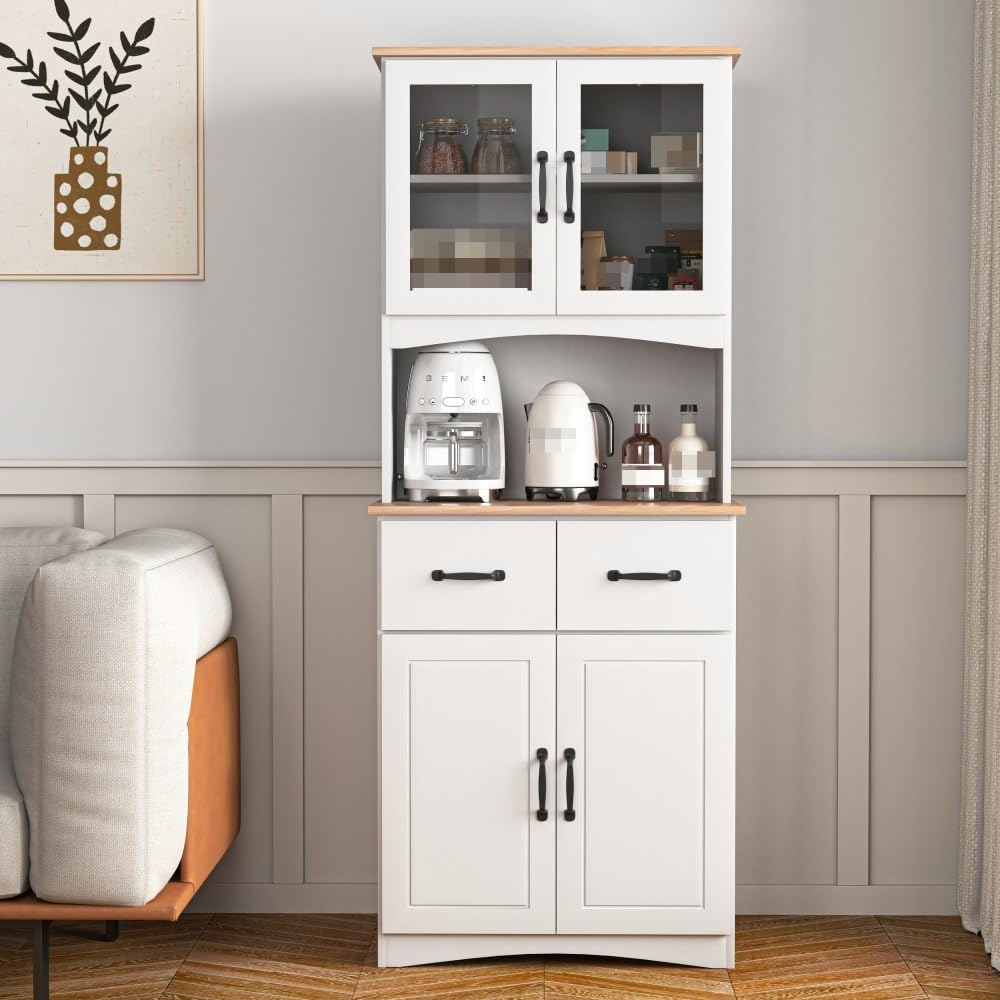 White Wooden Kitchen Cabinet, Pantry Storage Unit with Framed Glass Doors, Mi...