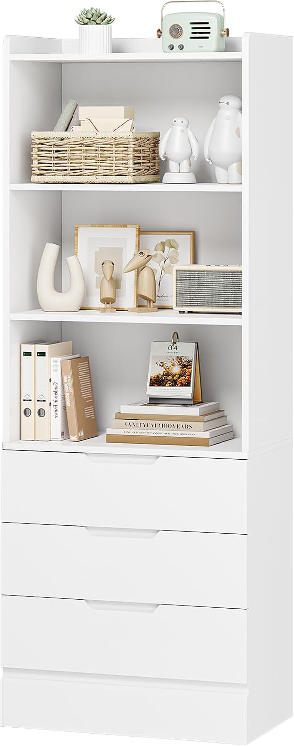 DICTAC 73.23'' Tall Storage Cabinet Bookcase with 3 Drawers and 3-Tie...
