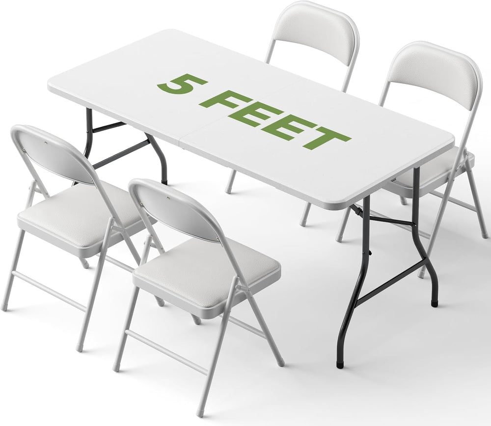 Folding Dining Table Set for 4, 5FT Foldable Plastic Table with Carrying Hand...