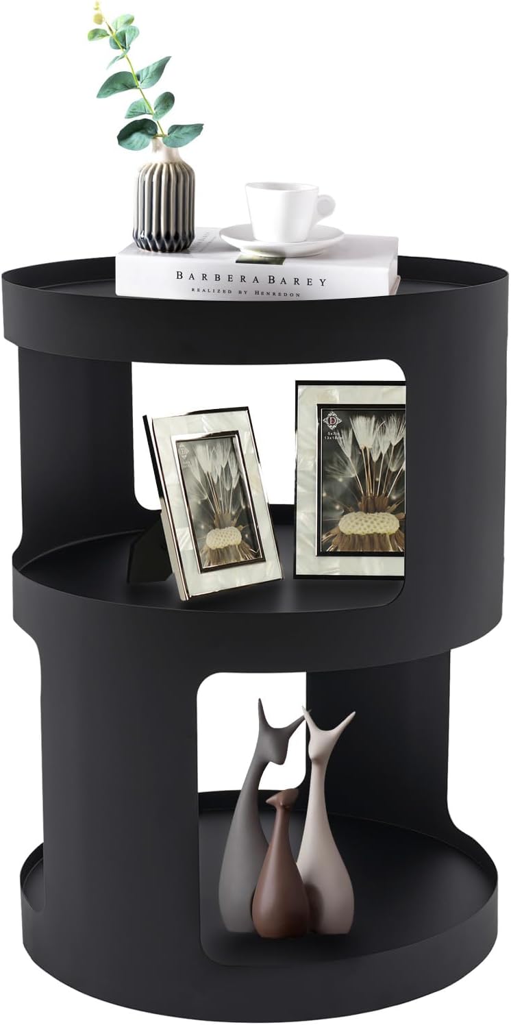 2-Layer Modern Side Table Round End Tables, Black Metal Nightstand Accent Tab...