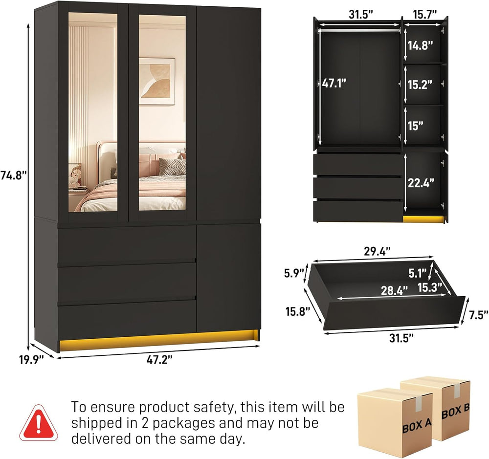75"H Tall Modern 3 Doors Wooden Armoire Wardrobe Closet with 3 Drawers &...