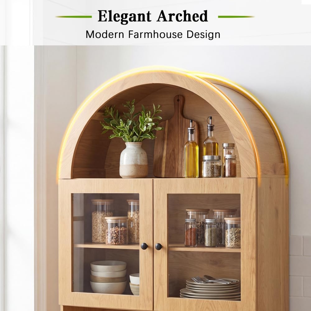 75" Farmhouse Tall Arched Pantry Cabinet with Charging Station, Adjustab...