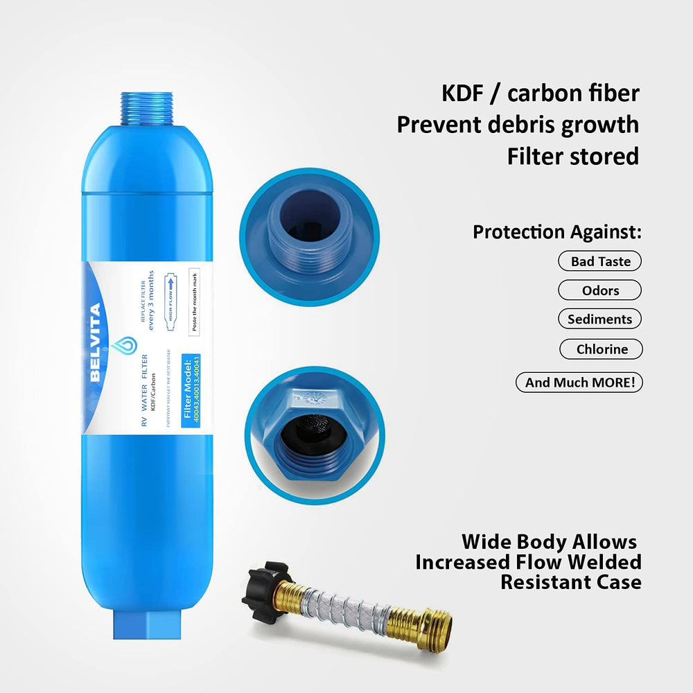 BELVITA RV inline water filter with Flexible Hose Protector