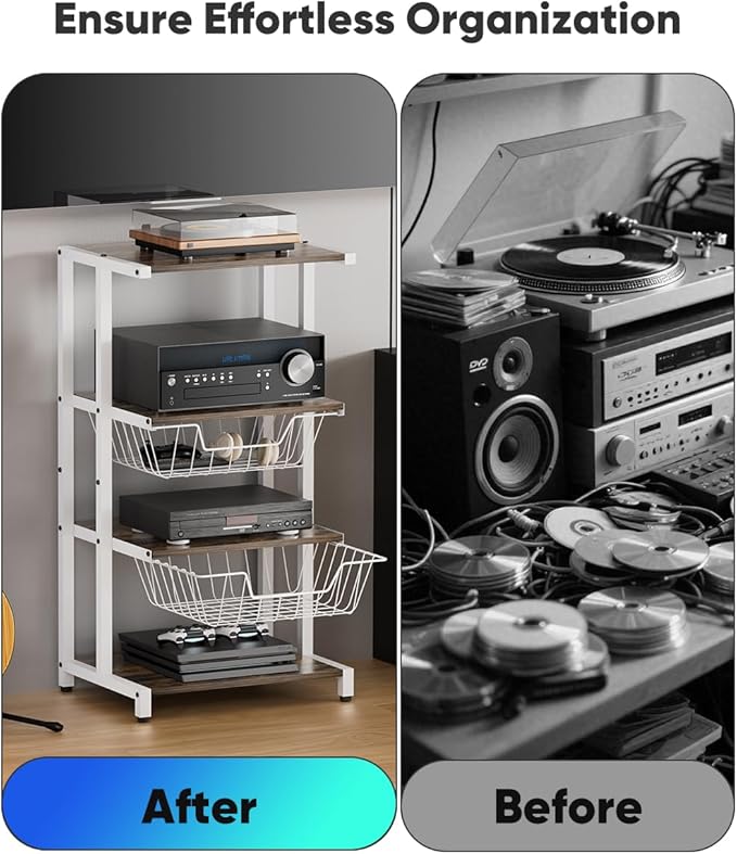 Media Stand with Two Detachable Baskets, 4-Tier AV Media Stand Corner Shelf f...