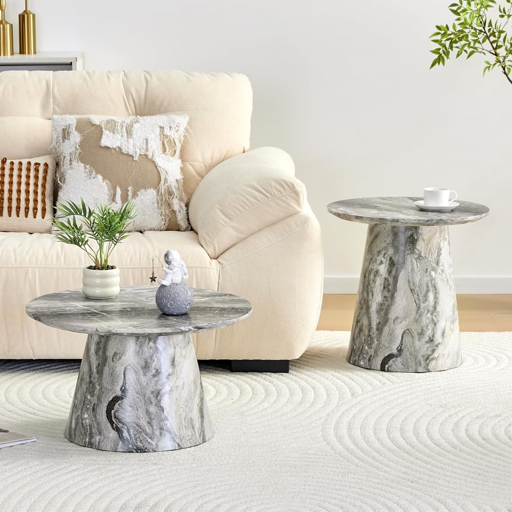 Nesting Coffee Table Set, Gray Veneer Round Tables, Mid-Century Modern | Roun...